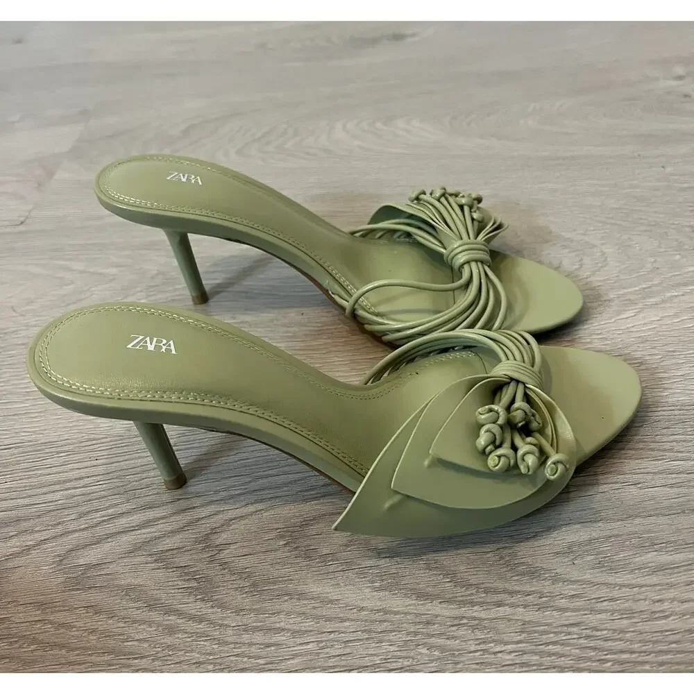 Zara NWT Sage Green Rosette Mule Heels Sandals 8